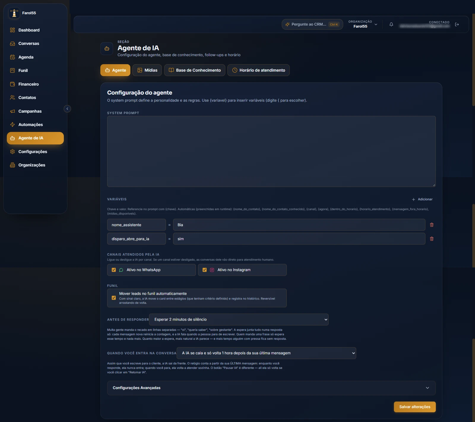 Configuração do agente de IA: canais atendidos, mover leads no funil, espera antes de responder e o que a IA faz quando você entra na conversa