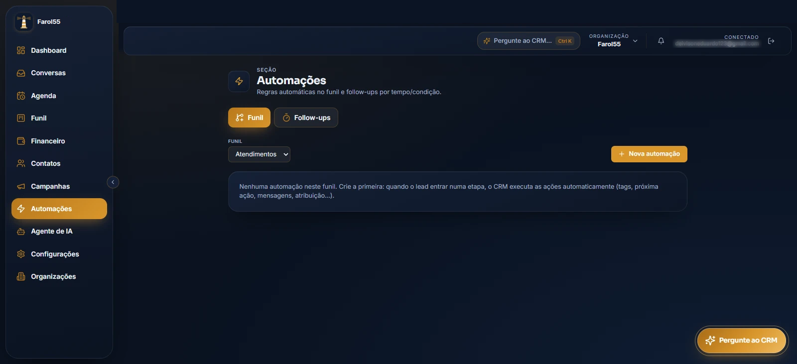 Tela de automações do funil e follow-ups
