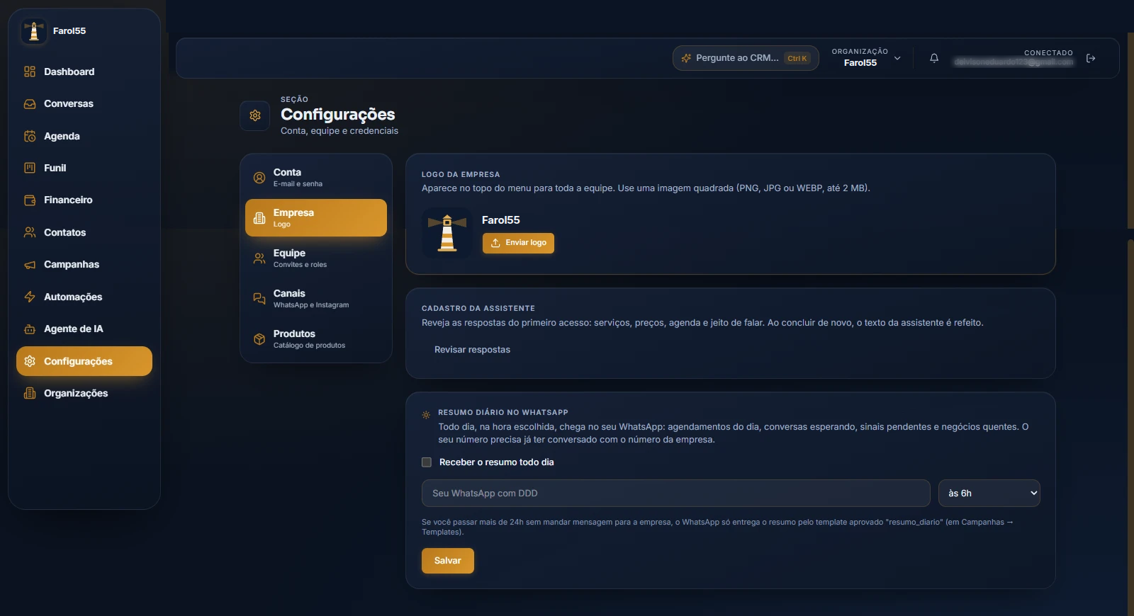 Configurações: logo da empresa, cadastro da assistente, resumo diário no WhatsApp, equipe, canais e produtos